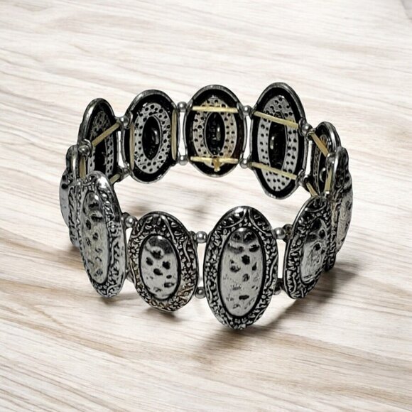 Stretch Bracelet Antiqued Silver Tone Medallion Career - Picture 3 of 9